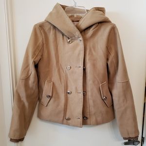 Hooded camel peacoat with gold buttons